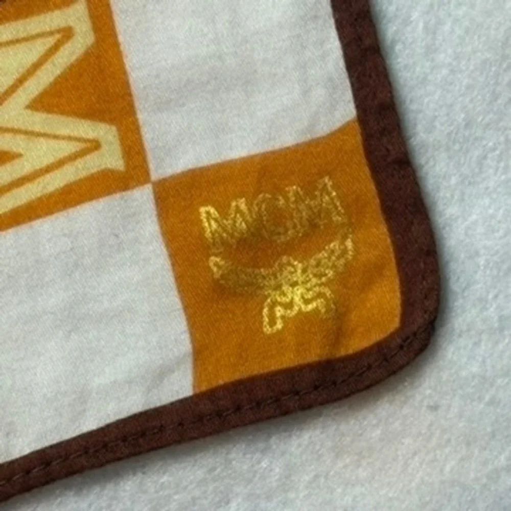 Vtg MCM Scarf Handkerchief Checkerboard Logo Cotton Brown Orange 18